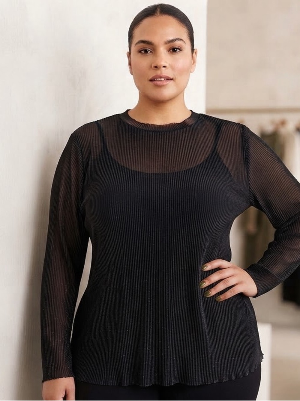ELOQUII Plus Size Black Sheer Pleated Long Sleeve Blouse Top Round Neck 2X 26/28